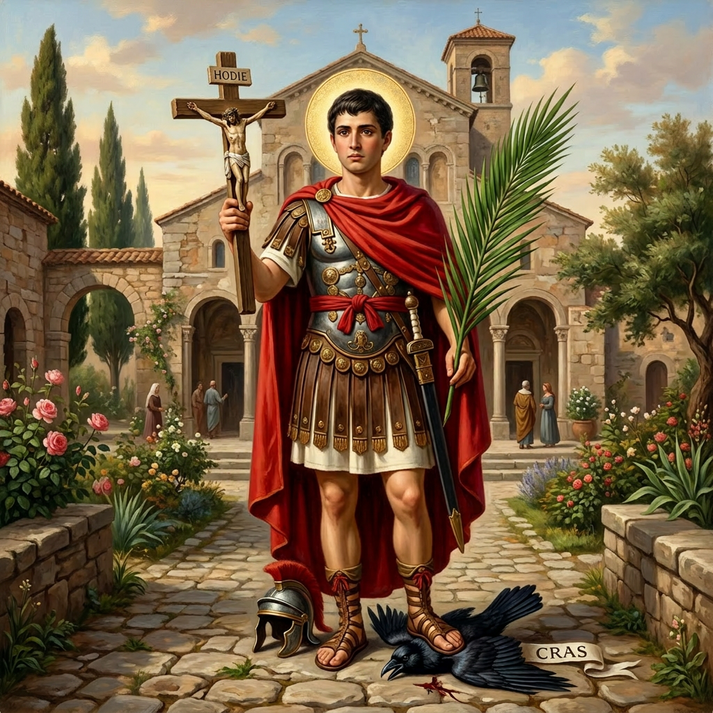 Saint George in Roman armor holding a crucifix and palm frond, with a defeated black crow underfoot near a church courtyard.