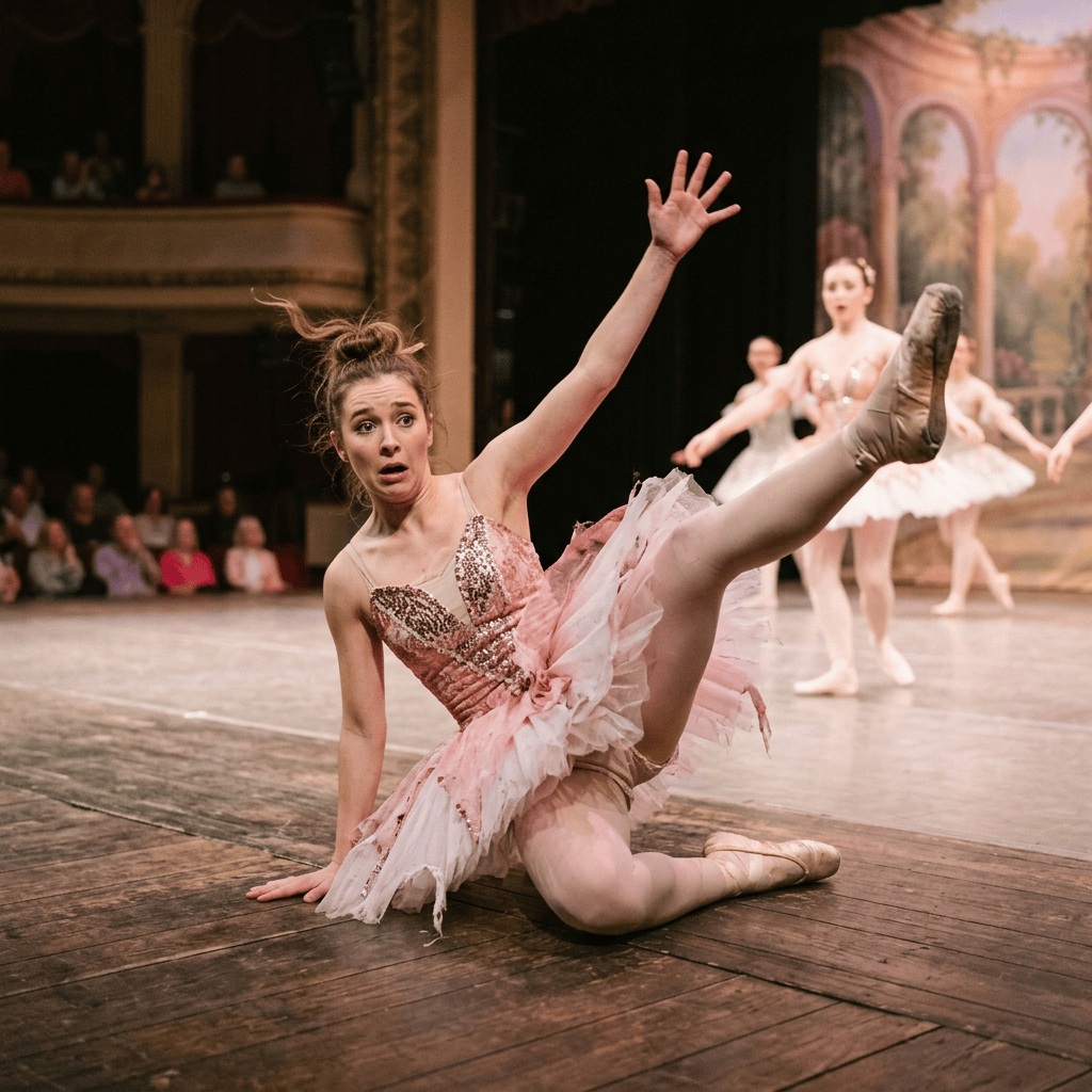 Ballerina in pink costume performing a high leg extension on stage